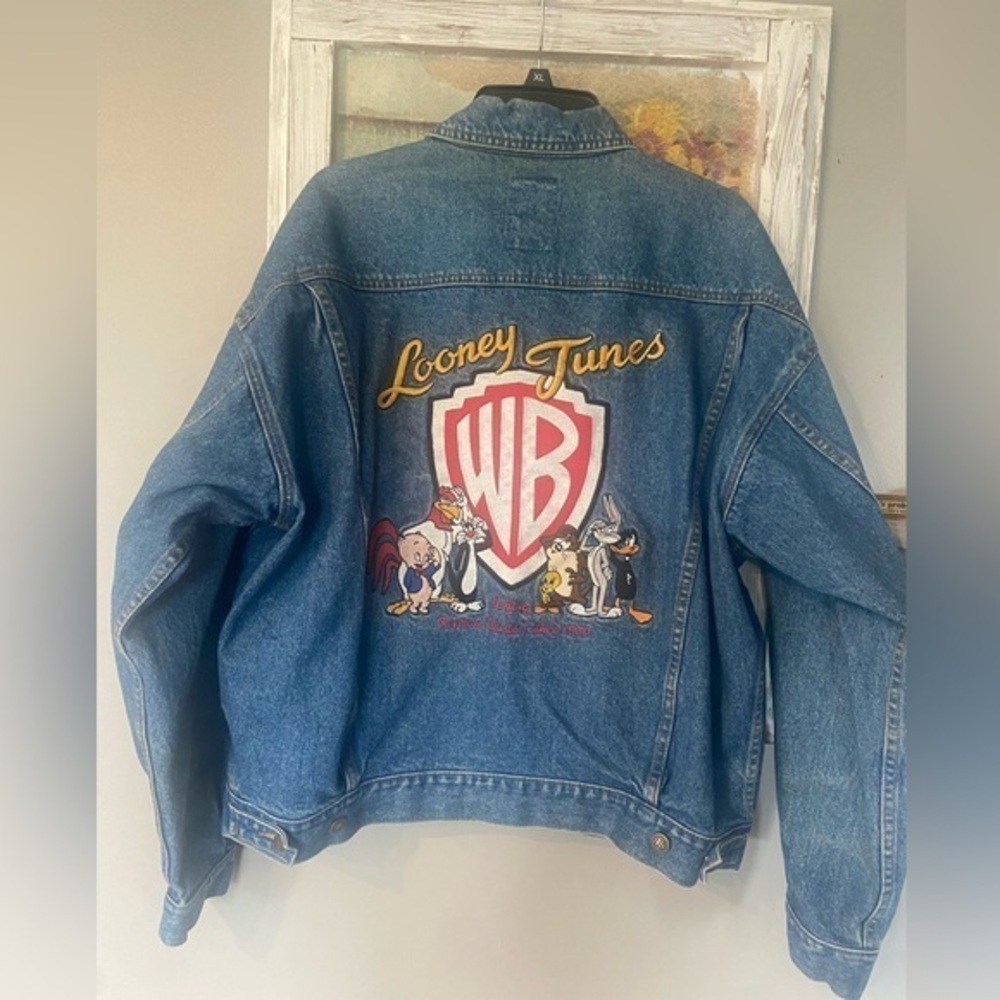 Vtg Authentic Looney Tunes Warner Brothers Jean Jacket Embroidered Large ￼
